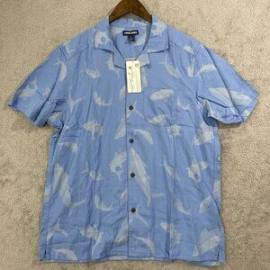 NEW Lands' End Men's L Blue Shark Print Button-Up Shirt Hawaiian